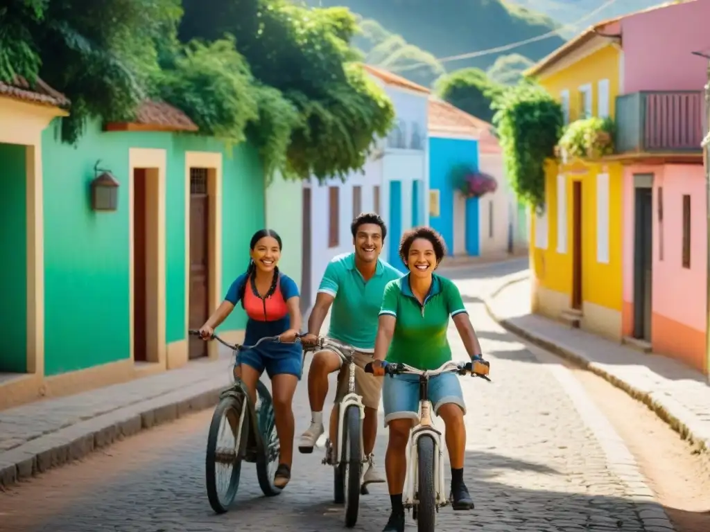 Explorar Uruguay en bicicleta: Niños alegres pedalean entre casas coloridas y árboles frondosos en un pueblo pintoresco