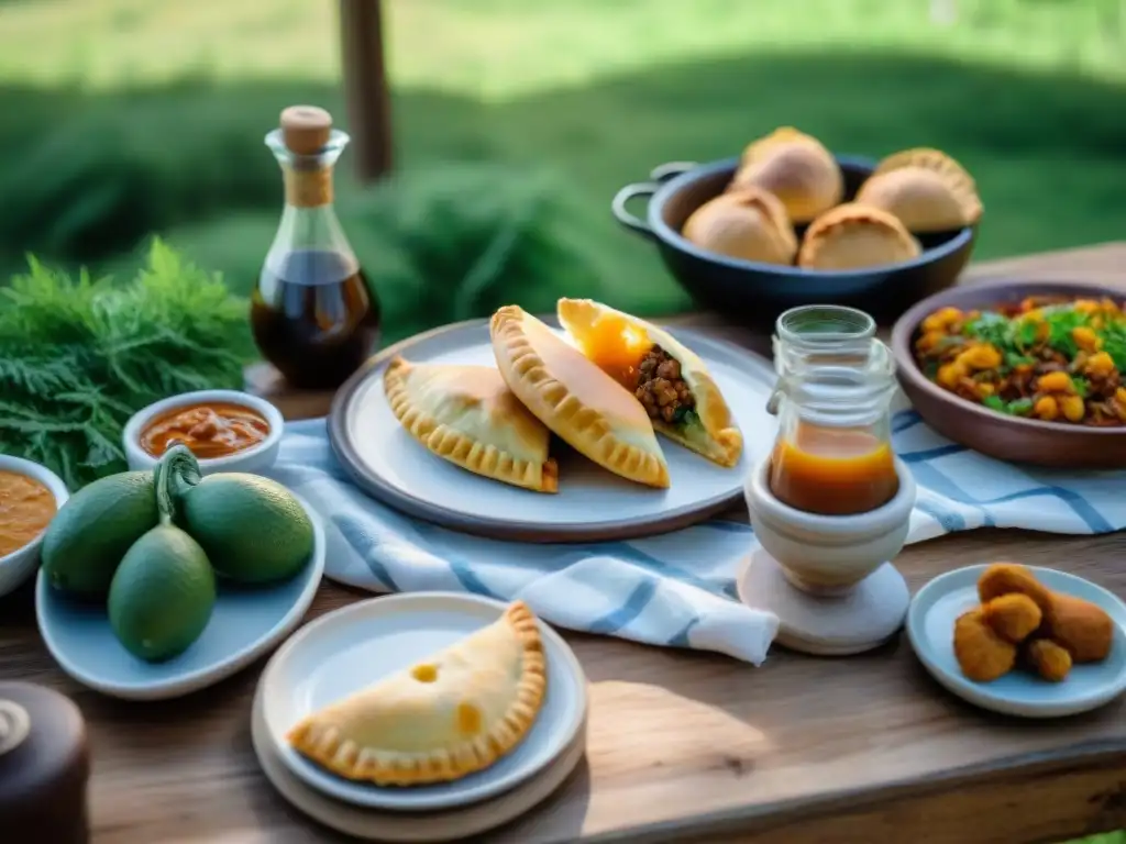 Un almuerzo campestre auténtico en Uruguay: mesa elegante con asado, empanadas y dulce de leche, rodeada de gauchos y naturaleza exuberante