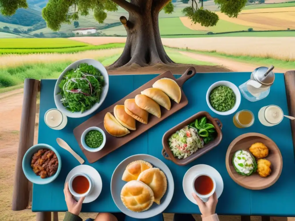 Un almuerzo campestre auténtico en Uruguay: mesa rústica con asado, empanadas y mate, personas disfrutando bajo un árbol