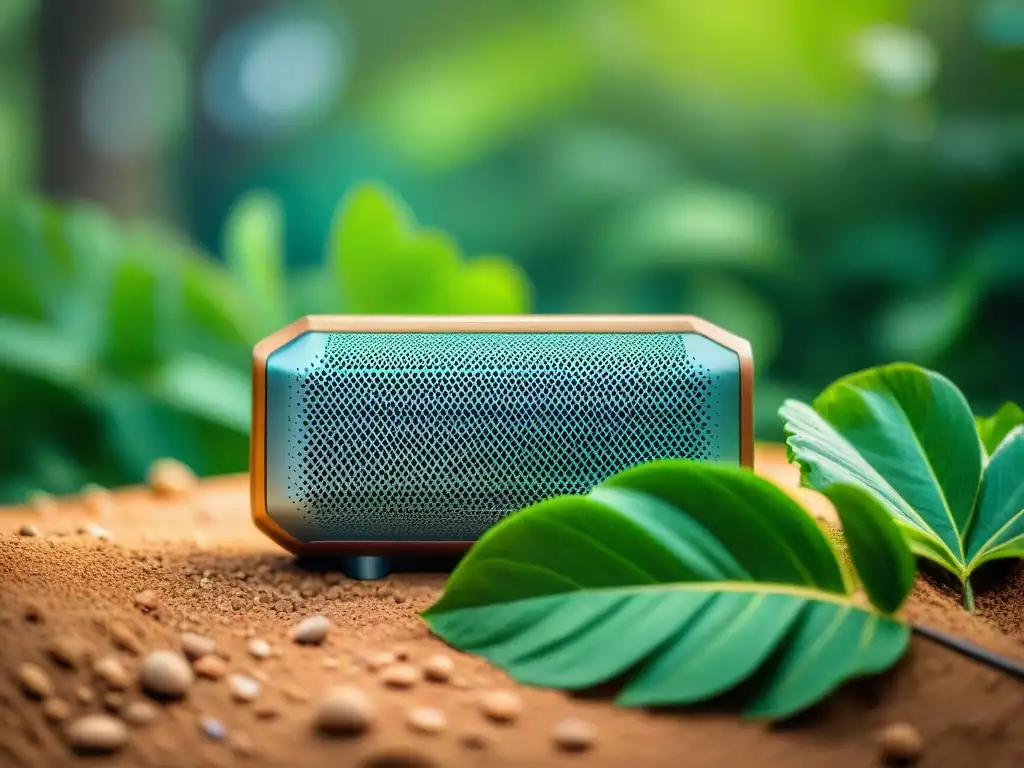 Un alt sugerido para esta imagen sería: 'Altavoz Bluetooth portátil en la naturaleza de Uruguay'