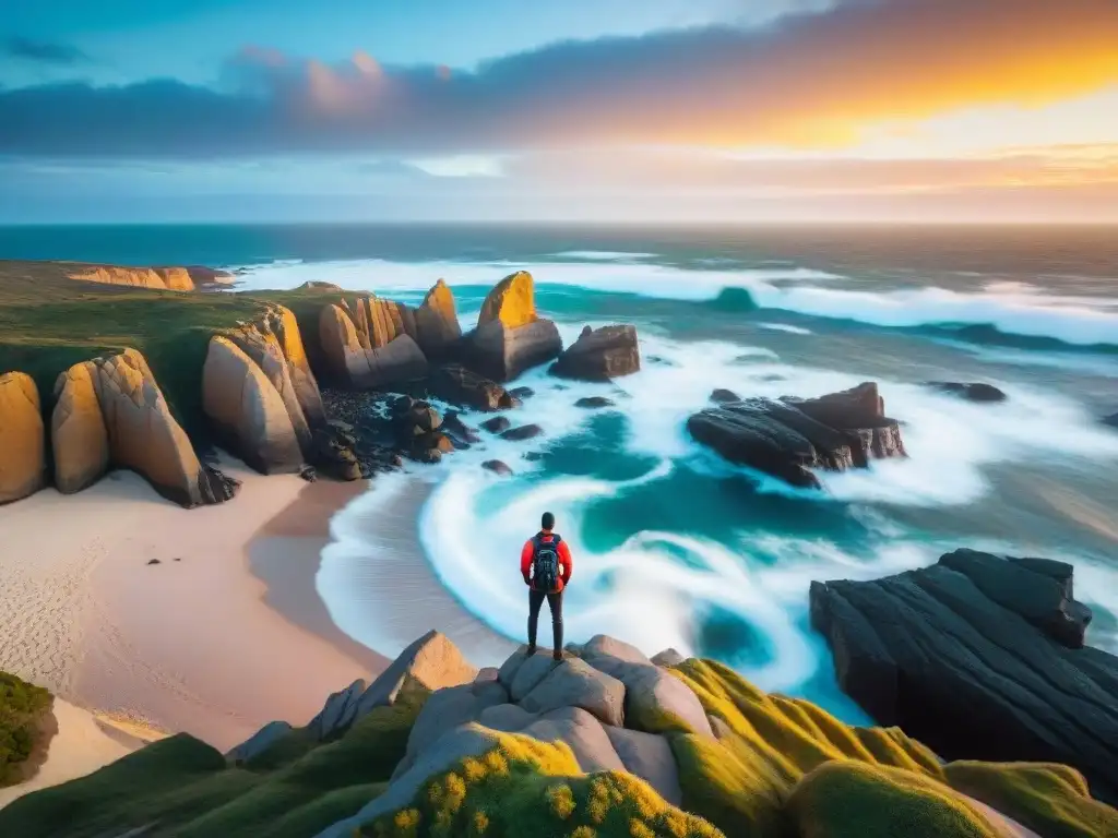 Un amanecer colorido en Cabo Polonio, Uruguay, con un caminante solitario capturando la belleza