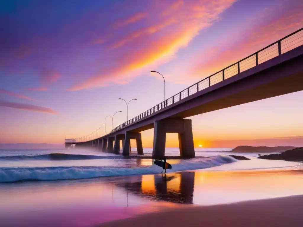 Un amanecer dorado sobre el icónico Puente La Barra en Punta del Este