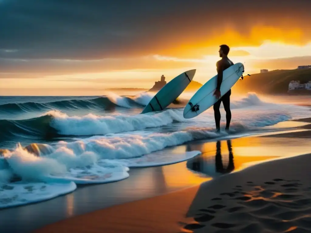 Un amanecer dorado en La Pedrera, surfistas en el horizonte