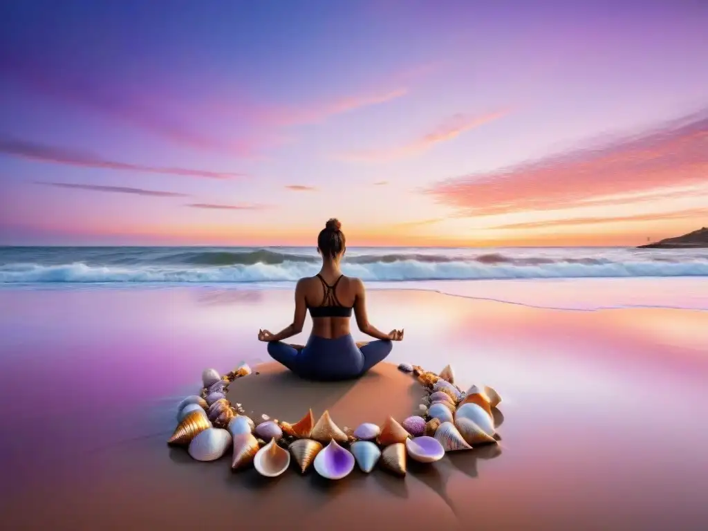 Un amanecer dorado en una playa de Uruguay con una figura practicando yoga en armonía con la naturaleza