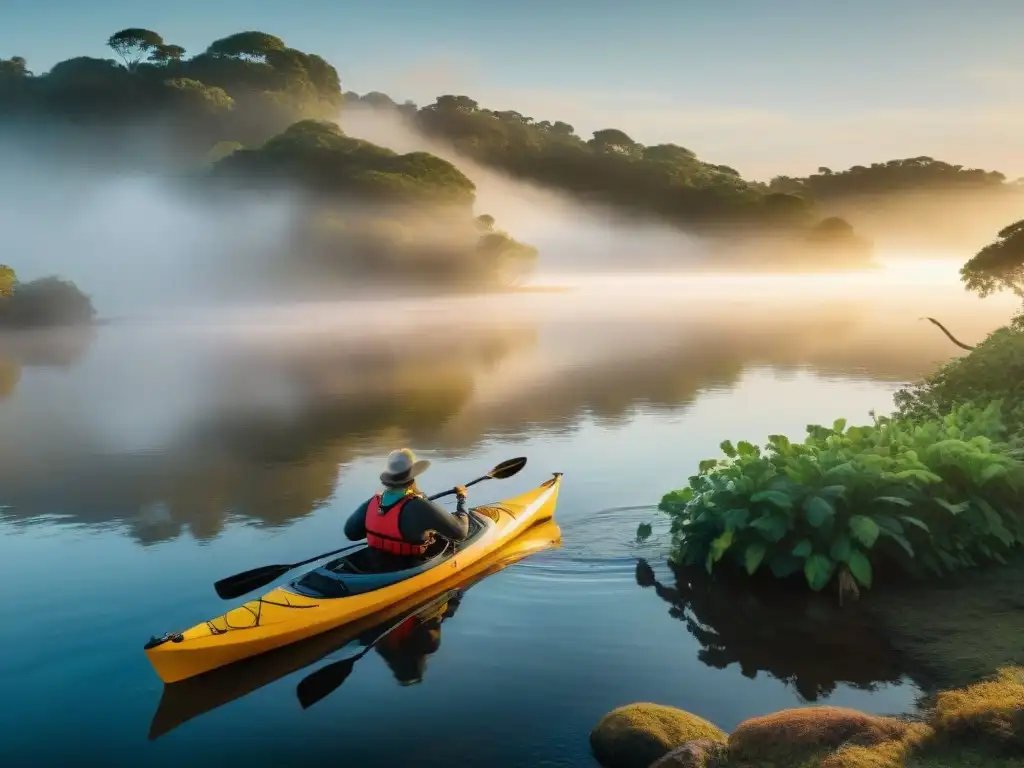 Un amanecer dorado en el río Uruguay: kayaks, neblina y naturaleza exuberante