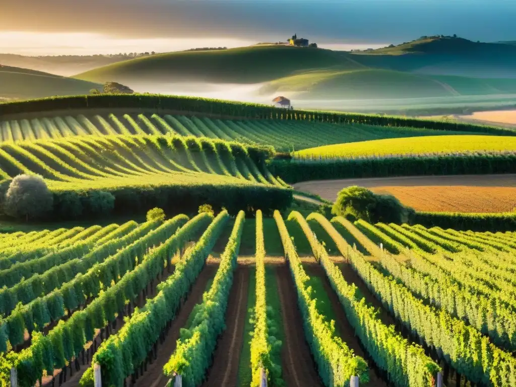 Un amanecer dorado sobre un viñedo en Uruguay, con un agricultor inspeccionando uvas