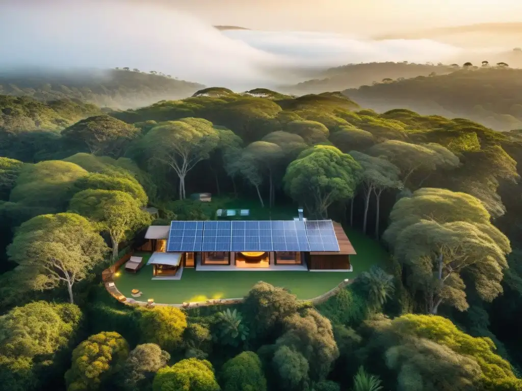 Un amanecer impresionante sobre un bosque verde con un ecolodge de lujo en Uruguay, fusionando sostenibilidad y belleza natural