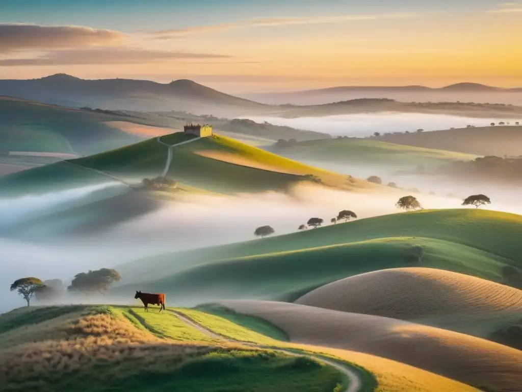 Un amanecer impresionante sobre las colinas de Uruguay, con un corredor solitario y vacas pastando