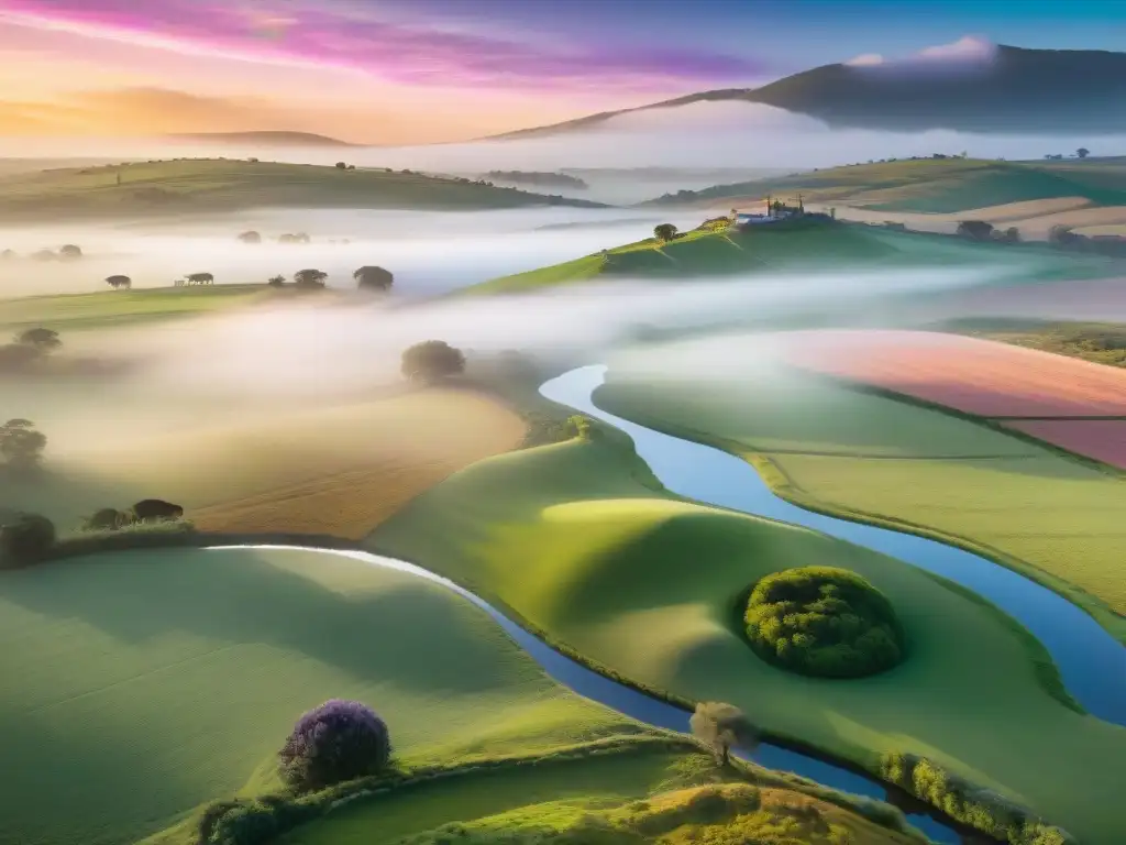 Un amanecer impresionante en un paisaje rural sereno en Uruguay, con colores vibrantes pintando el cielo y una atmósfera de paz