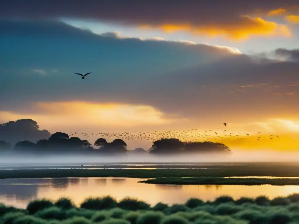 Un amanecer mágico con aves migratorias en vuelo sobre un humedal en Uruguay