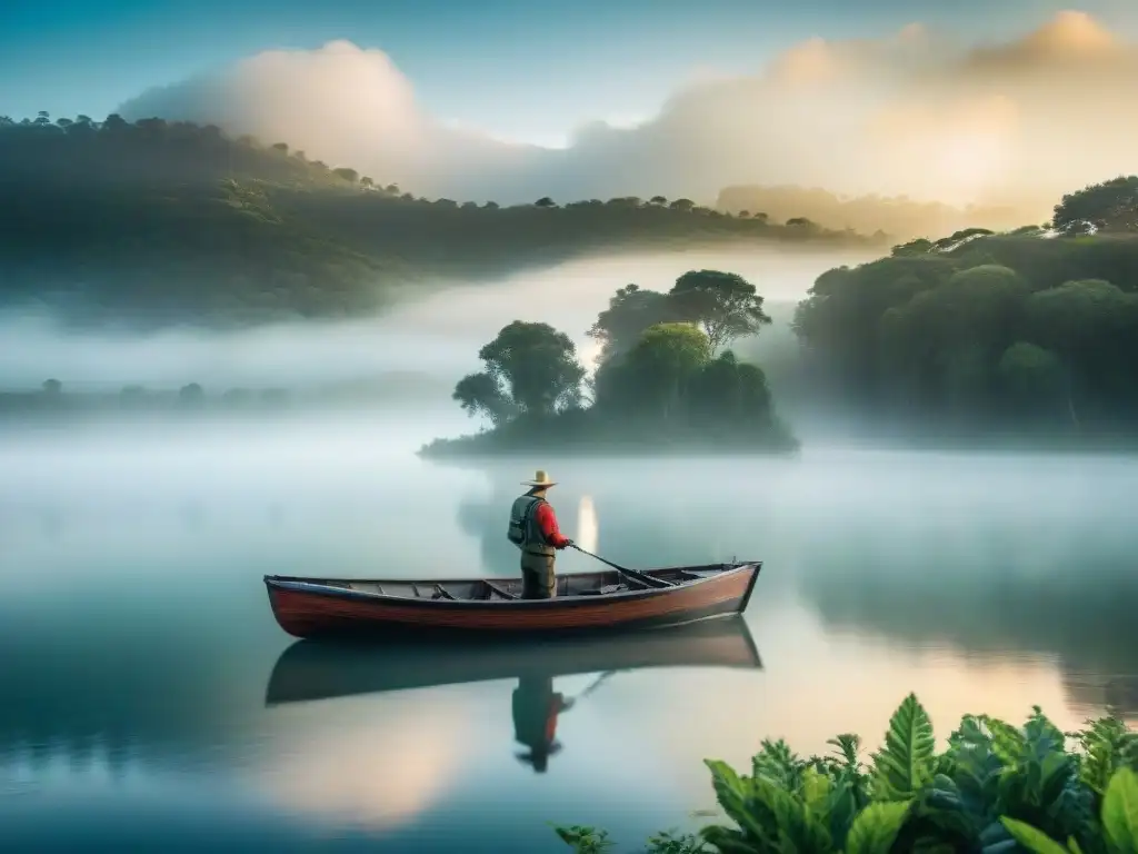 Un amanecer mágico en un lago de Uruguay con un pescador solitario