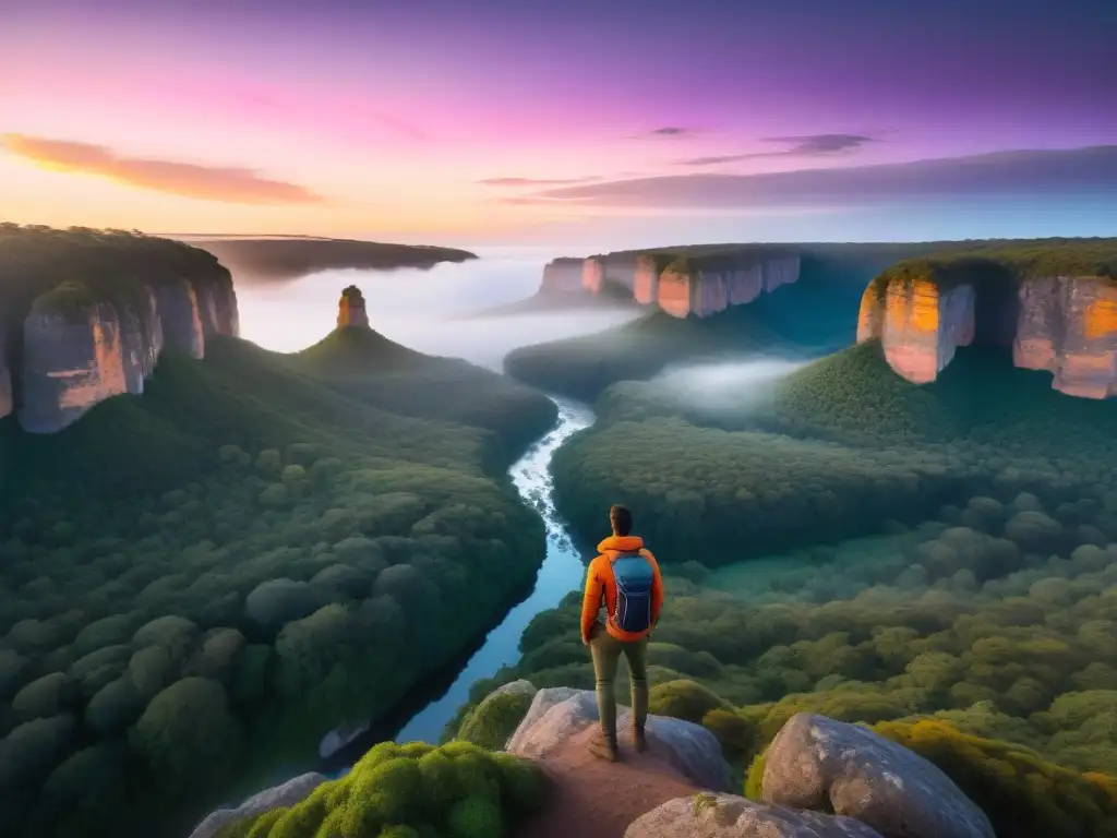 Un amanecer mágico en el Parque Nacional Quebrada de los Cuervos en Uruguay, con colores vibrantes y un senderista contemplando la belleza natural