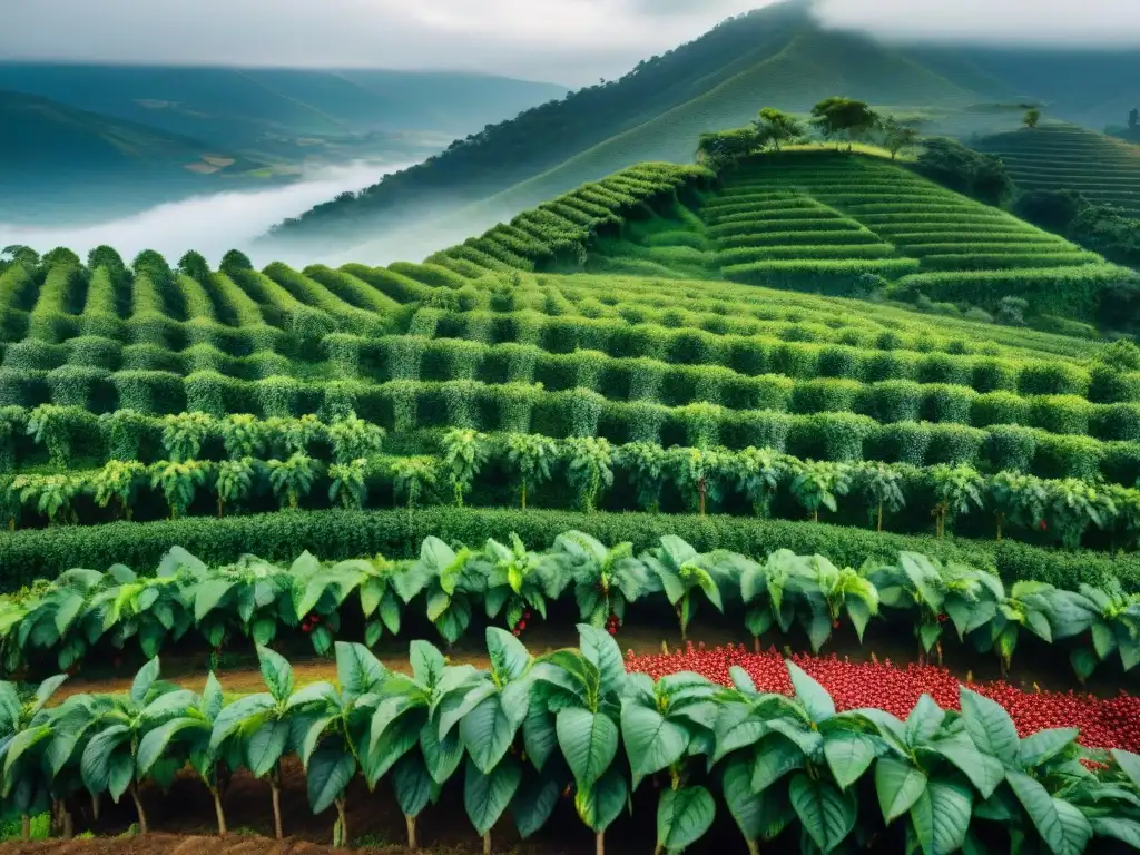 Un amanecer mágico en una plantación de café en Uruguay, con cafetales, montañas y agricultores locales