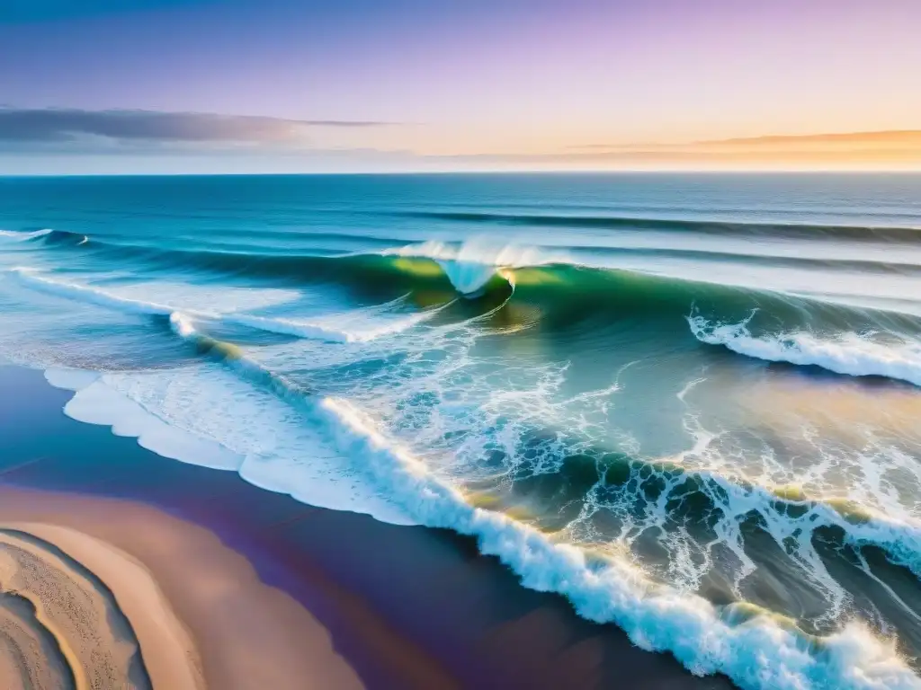 Un amanecer mágico en la playa de Uruguay con yoga y surf, siluetas contrastadas en el cielo colorido