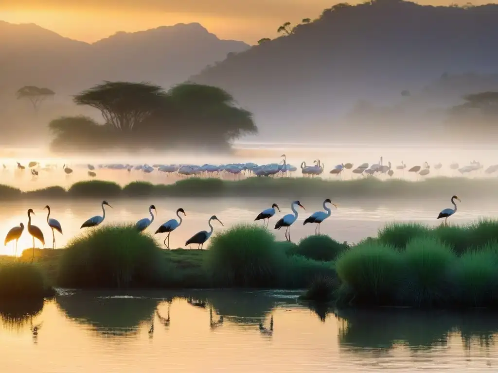 Un amanecer mágico en la reserva Laguna de Rocha, con aves y naturaleza exuberante