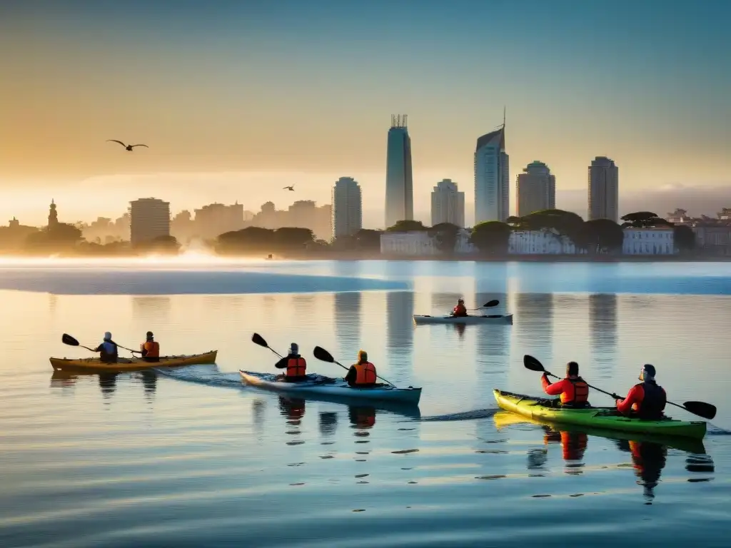 Un amanecer mágico en el Río de la Plata: kayaks surcan aguas tranquilas con la ciudad al fondo