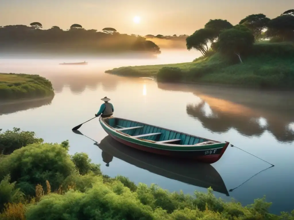 Un amanecer sereno en Uruguay: un bote pesquero tradicional flota en un río mientras un pescador se prepara para la pesca deportiva