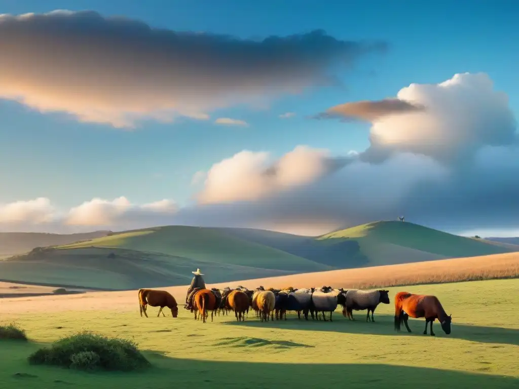 Un amanecer sereno en una estancia rural uruguaya con un gaucho, reflejando tradiciones rurales Uruguay