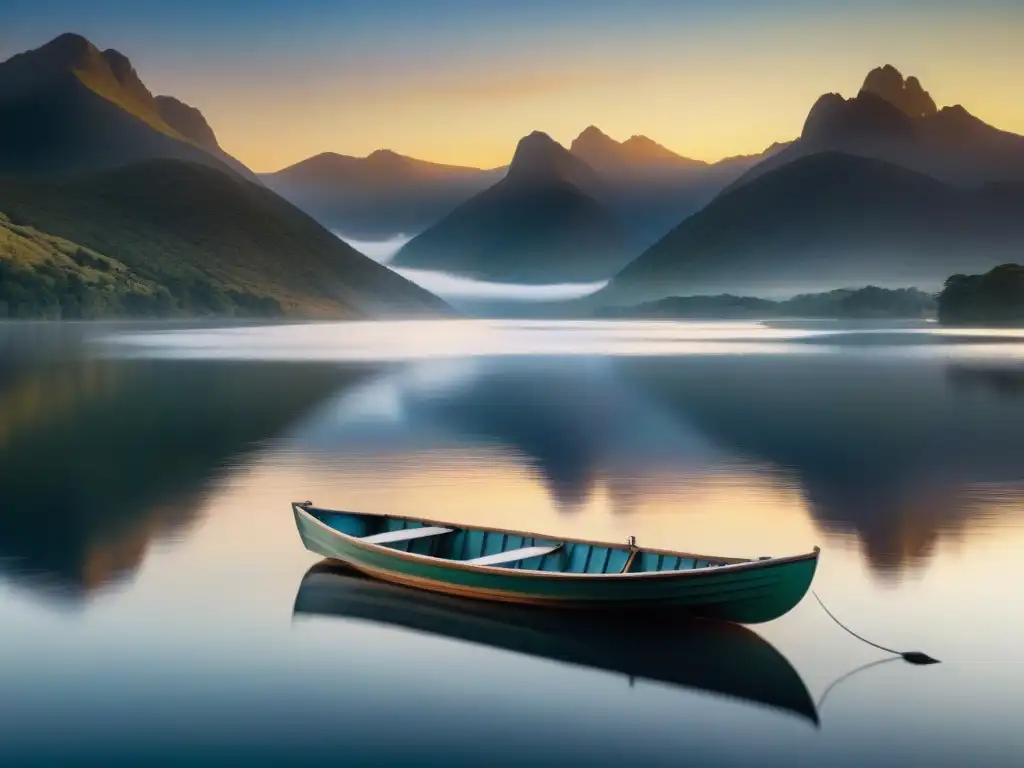 Un amanecer sereno en un lago uruguayo, capturando la tranquilidad del agua y las montañas alrededor