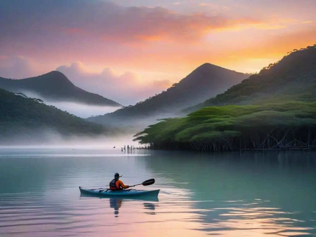 Un amanecer sereno en Laguna Garzón con un kayaker solitario remando en aguas tranquilas al amanecer, rodeado de tonos rosados y naranjas