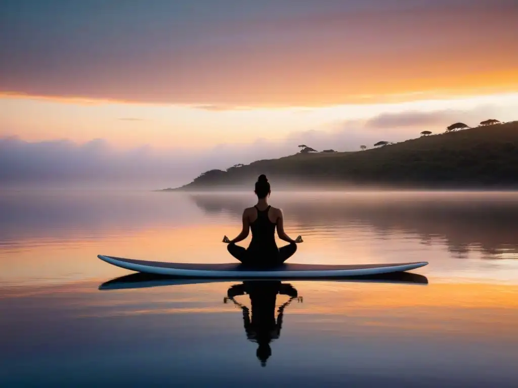 Un amanecer sereno sobre Laguna Garzón en Uruguay, con una persona practicando yoga en un paddleboard, reflejando la paz del cielo al amanecer