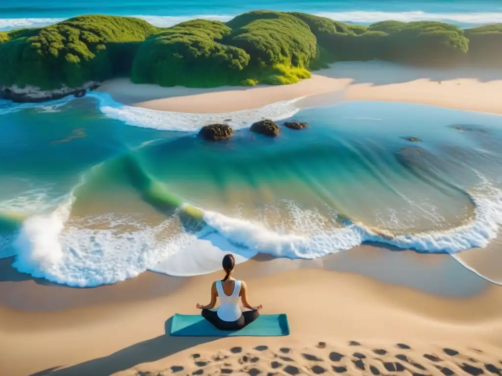 Un amanecer sereno en una playa virgen de Uruguay donde se practica yoga en armonía con la naturaleza