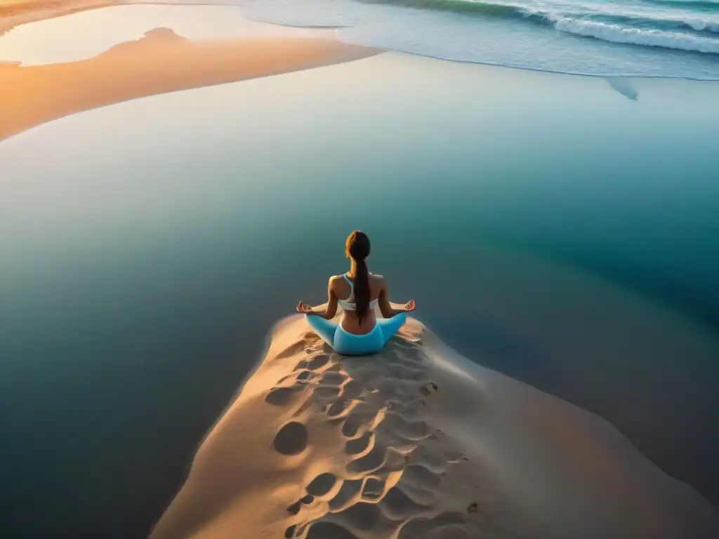 Un amanecer sereno en una playa de Uruguay, con una persona practicando yoga en la arena