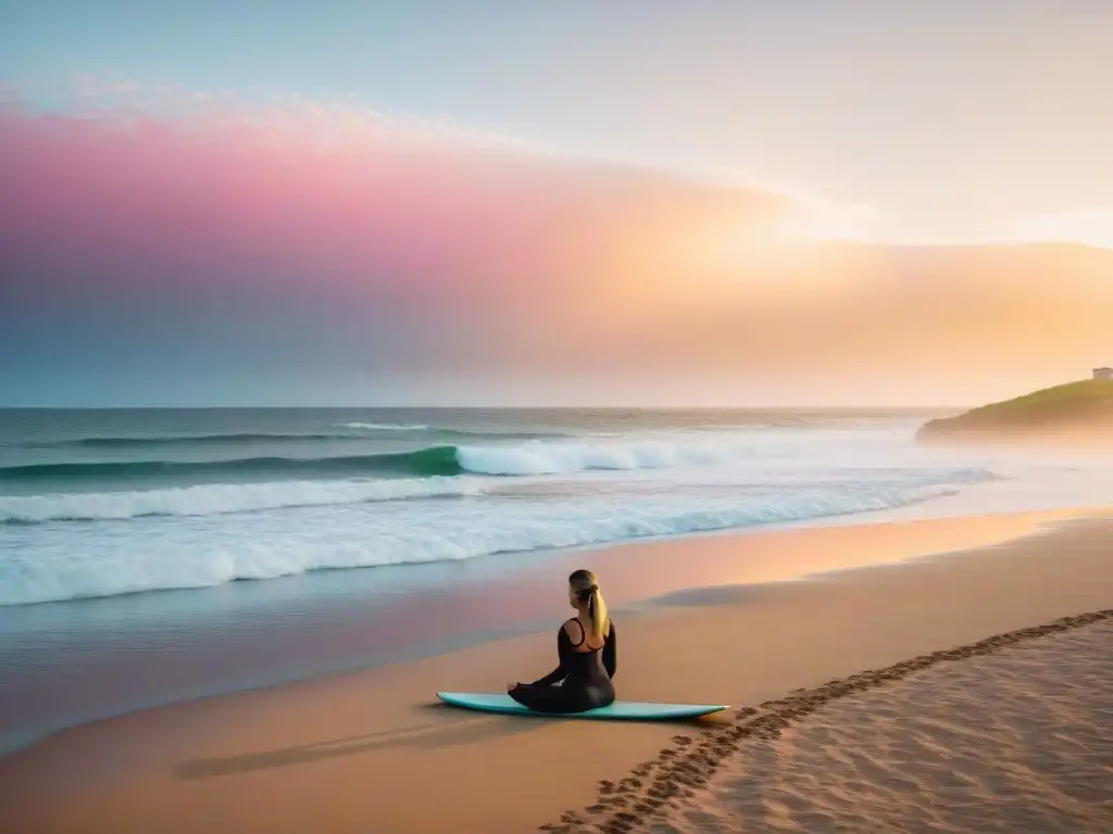 Un amanecer sereno en la playa de Uruguay con práctica de yoga y surf