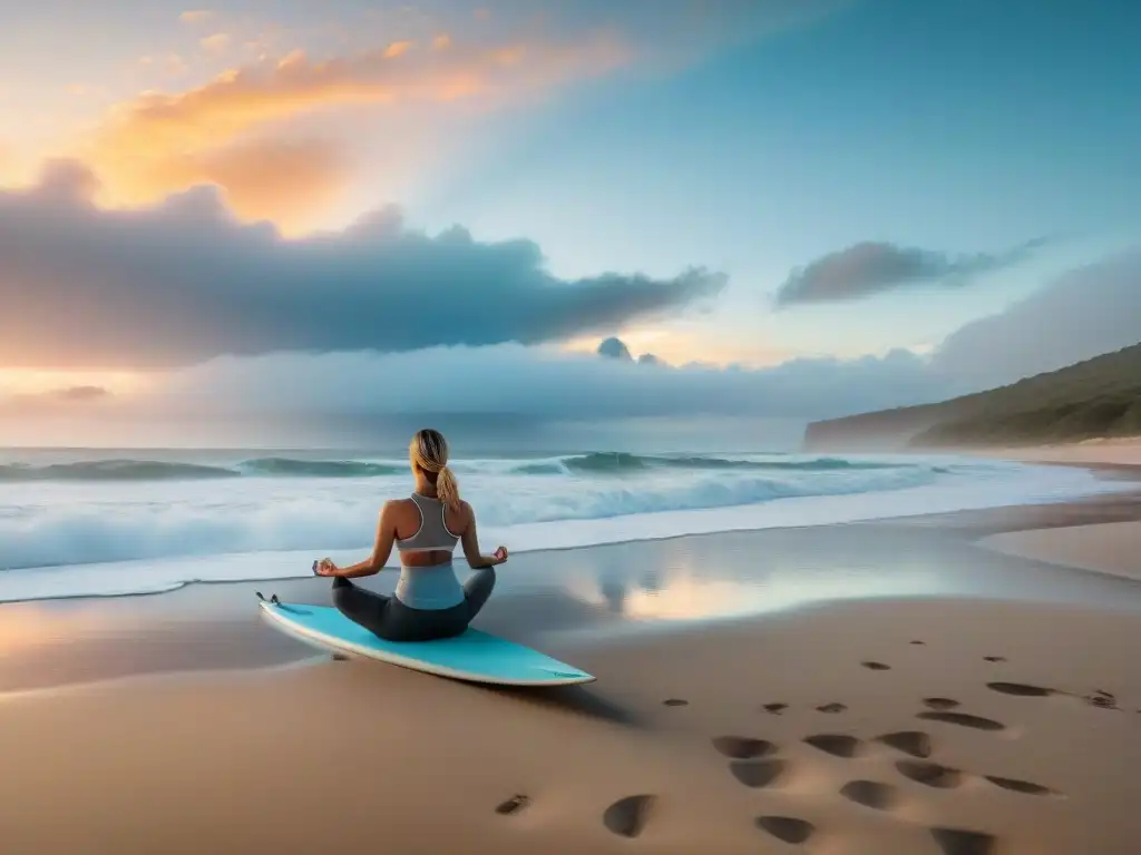 Un amanecer sereno en una playa de Uruguay, practicando yoga con una tabla de surf al fondo