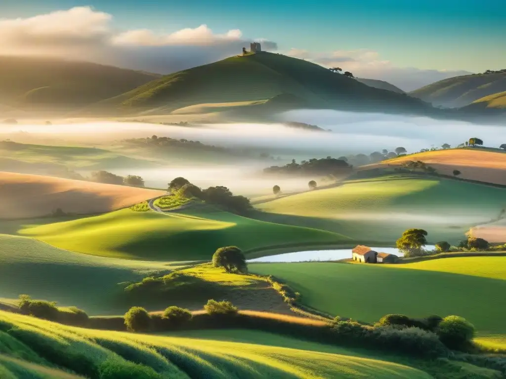 Un amanecer sereno en los secretos rurales de Uruguay: colinas verdes, río tranquilo y granja encantadora