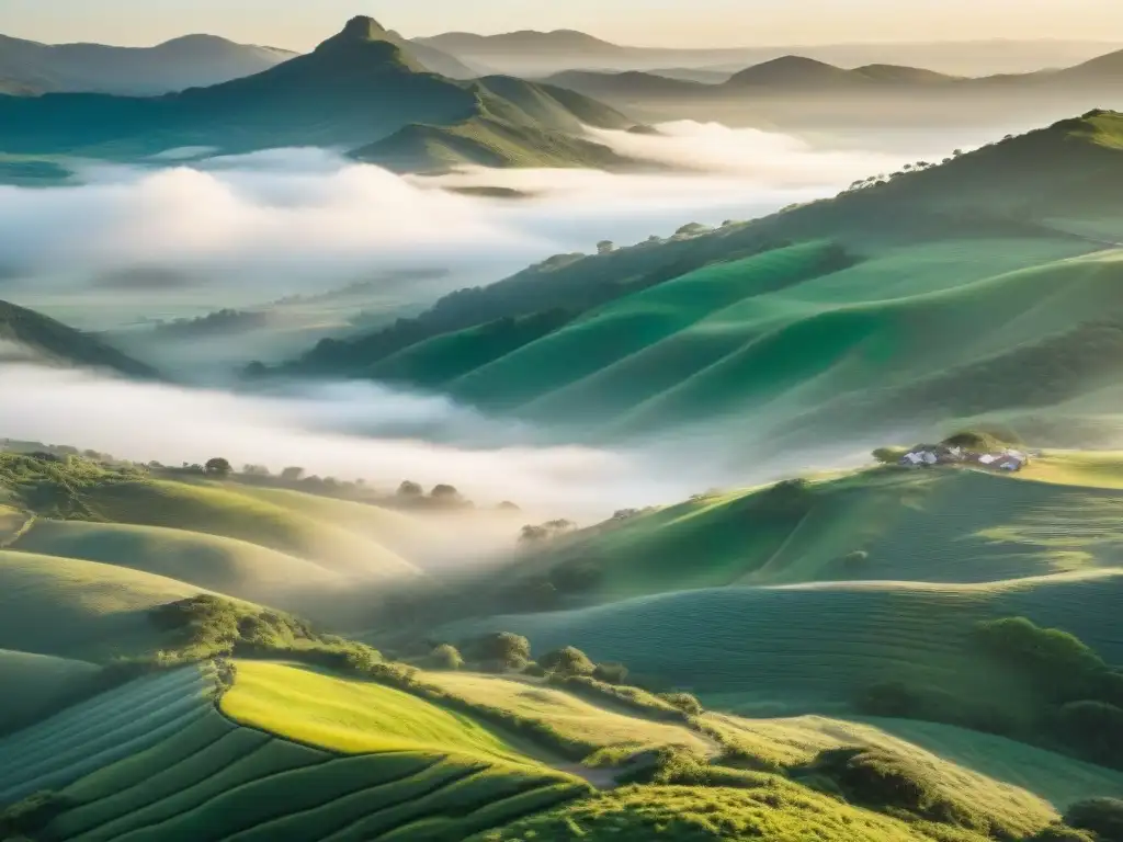 Un amanecer sereno sobre un valle verde en Uruguay, donde una comunidad de ecoturismo sostenible comienza el día