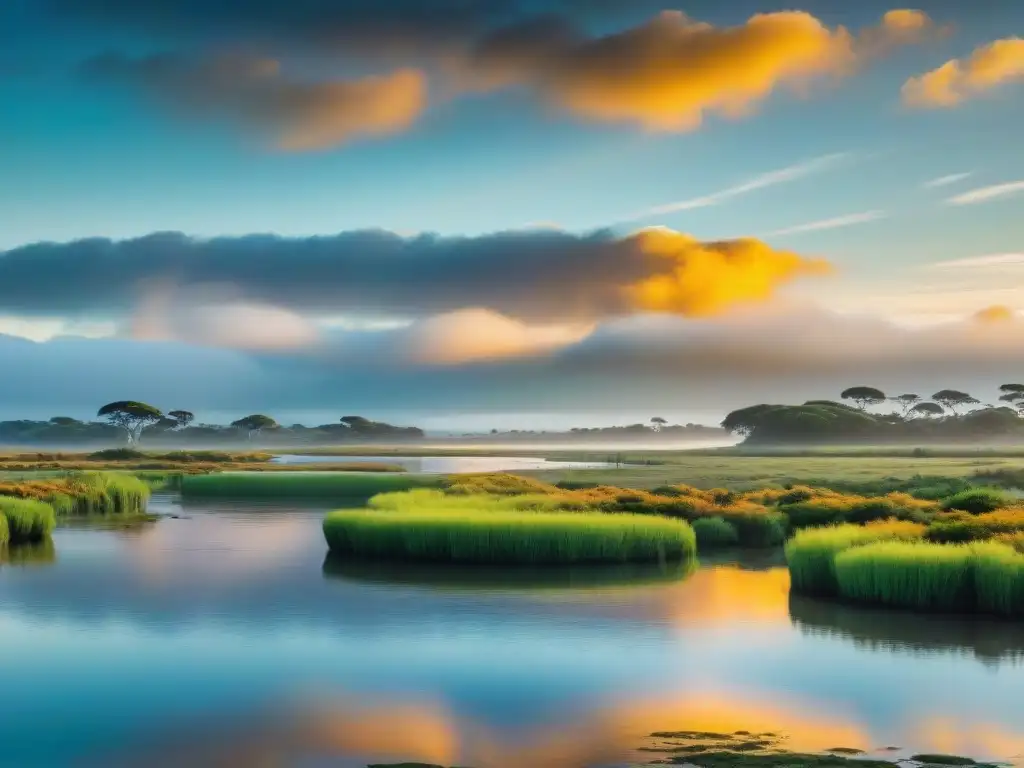 Un amanecer sereno sobre un vasto humedal en Uruguay