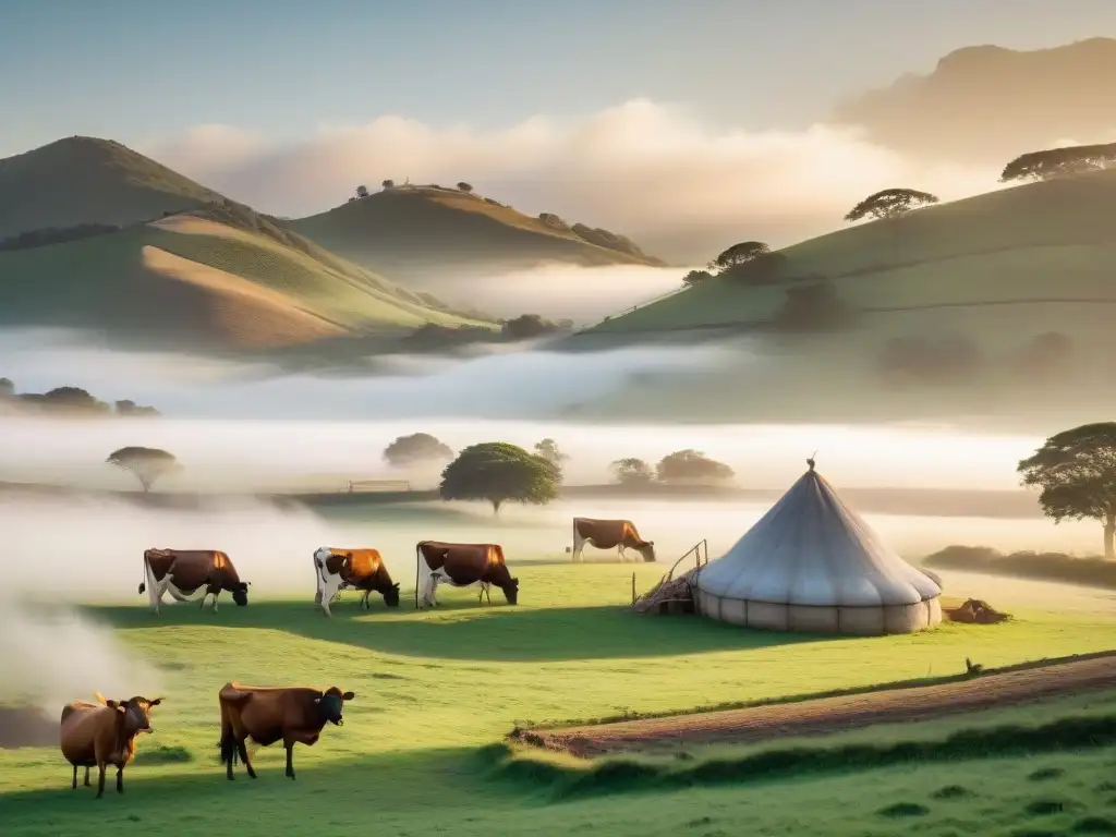 Un amanecer en una tradicional estancia lechera uruguaya, con pastizales verdes y vacas pastando