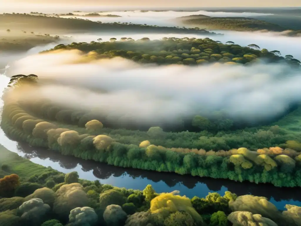 Un amanecer vibrante sobre un bosque biodiverso en Uruguay, donde el ecoturismo y la naturaleza se unen en proyectos sorprendentes