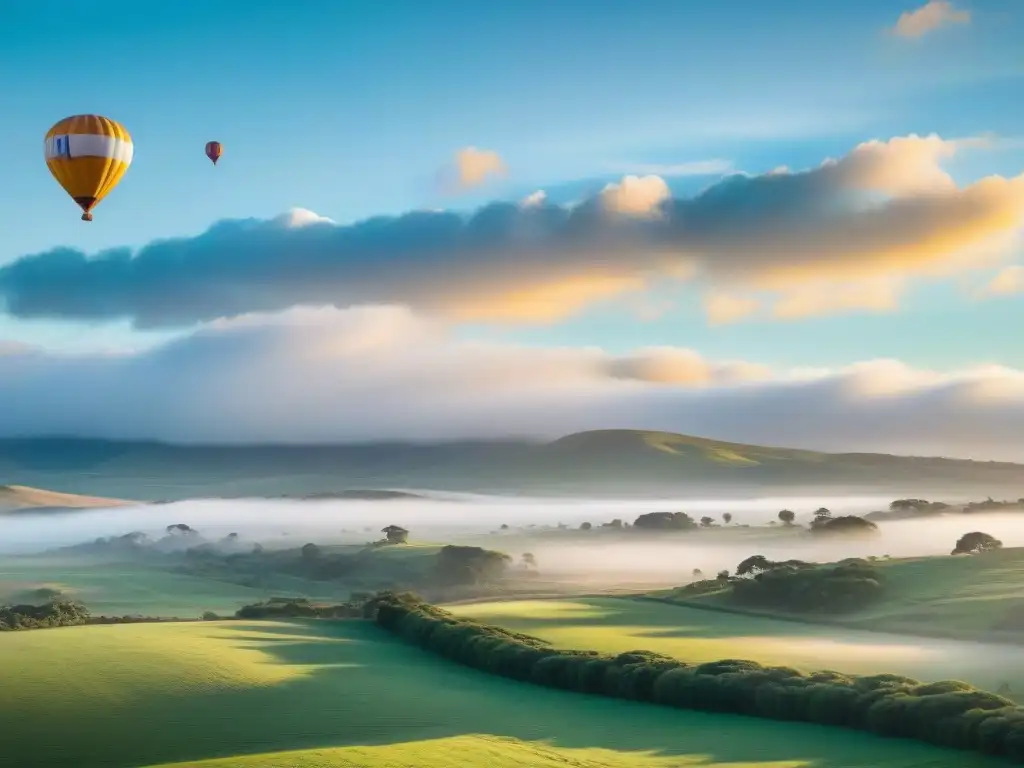 Un amanecer vibrante sobre las colinas de Uruguay mientras un colorido globo aerostático asciende al cielo