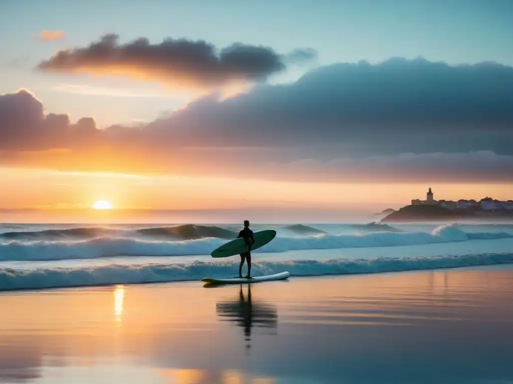 Amanecer vibrante en la costa uruguaya con surfista en tabla paddle