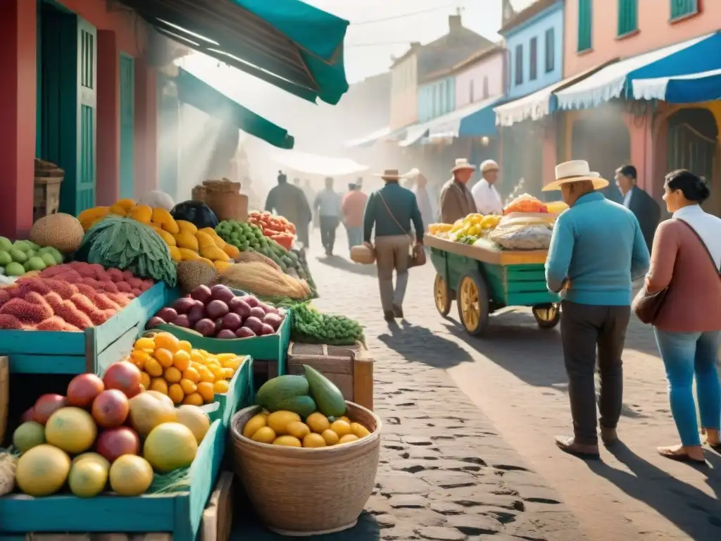 Un amanecer vibrante en una feria vecinal uruguaya, con puestos coloridos rebosantes de productos frescos