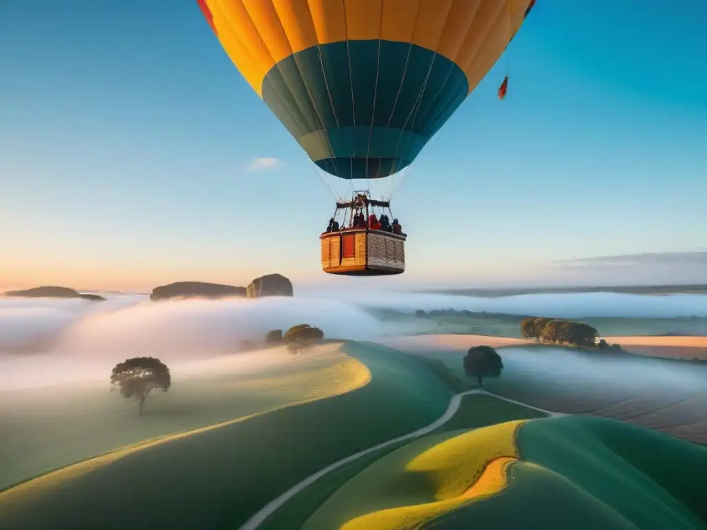 Amanecer vibrante desde un globo en Uruguay, con un paisaje pintoresco de colinas y campos dorados