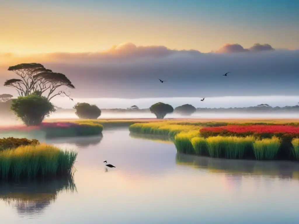 Amanecer vibrante sobre humedal en Uruguay, con aves coloridas en vuelo y en árboles