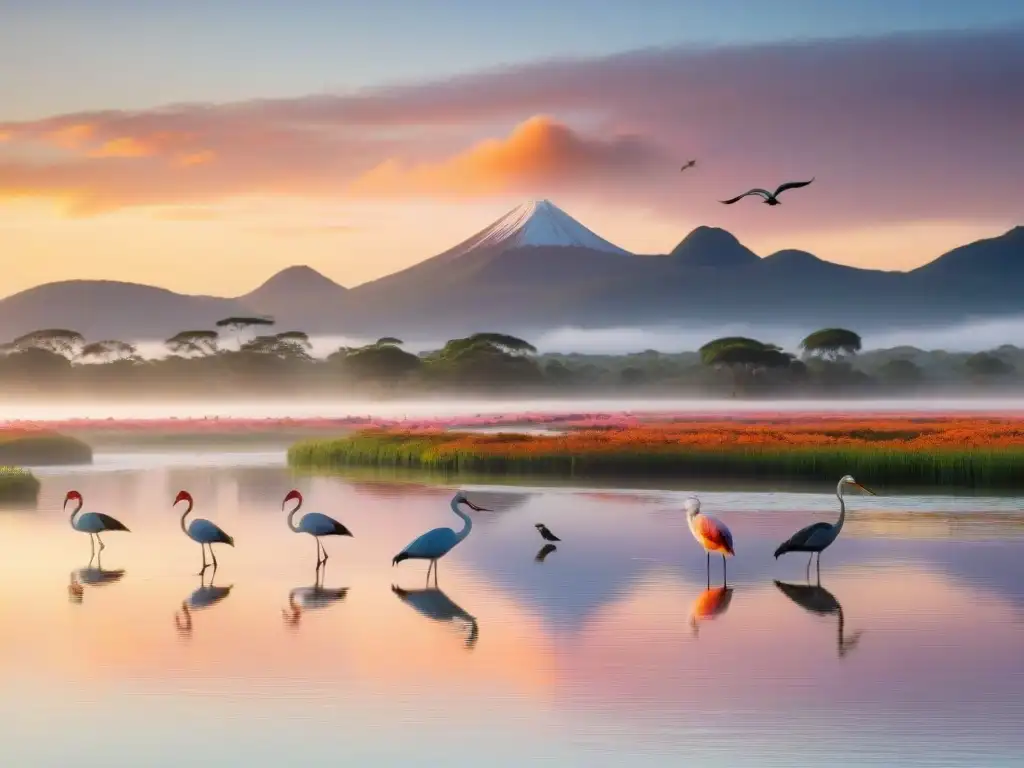 Amanecer vibrante sobre humedal en Uruguay con aves coloridas en su hábitat natural