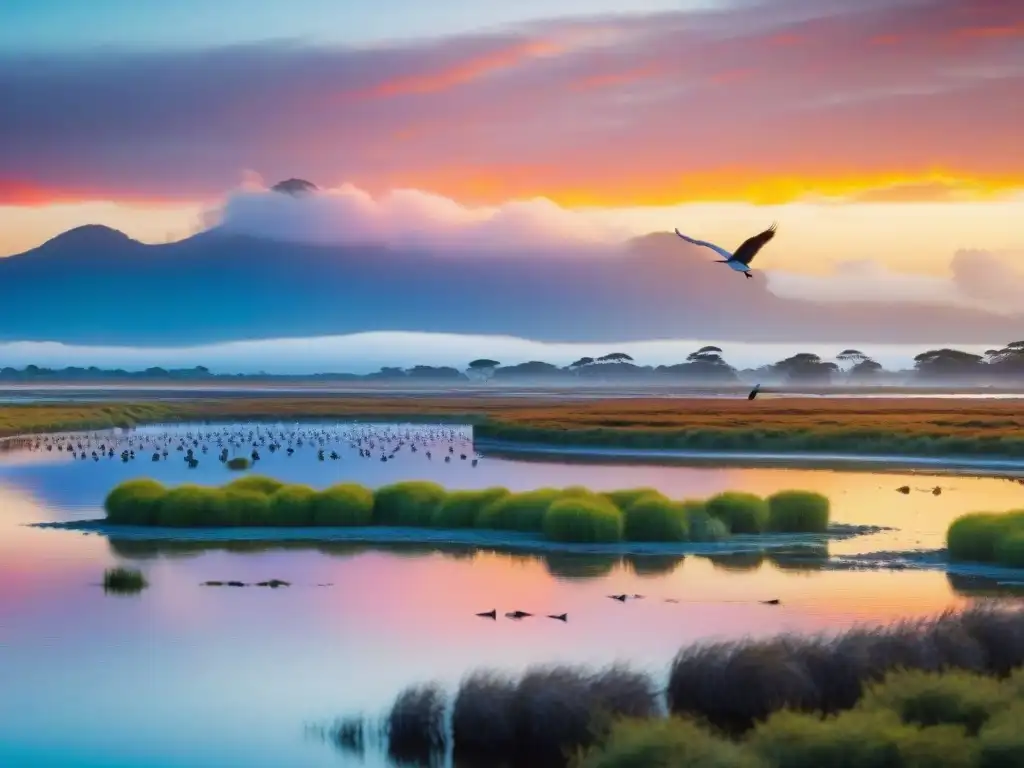 Un amanecer vibrante sobre un humedal en Uruguay, con aves nativas en vuelo