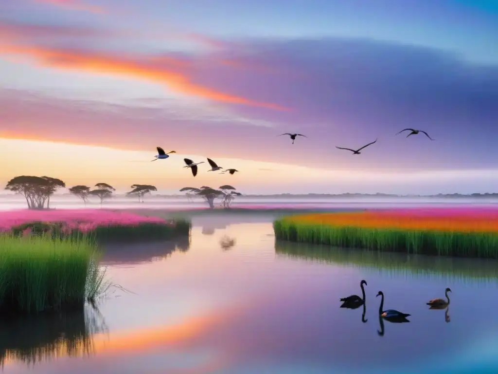 Amanecer vibrante en humedal uruguayo con aves coloridas Un amanecer vibrante sobre un humedal en Uruguay, con aves coloridas en vuelo y en el agua