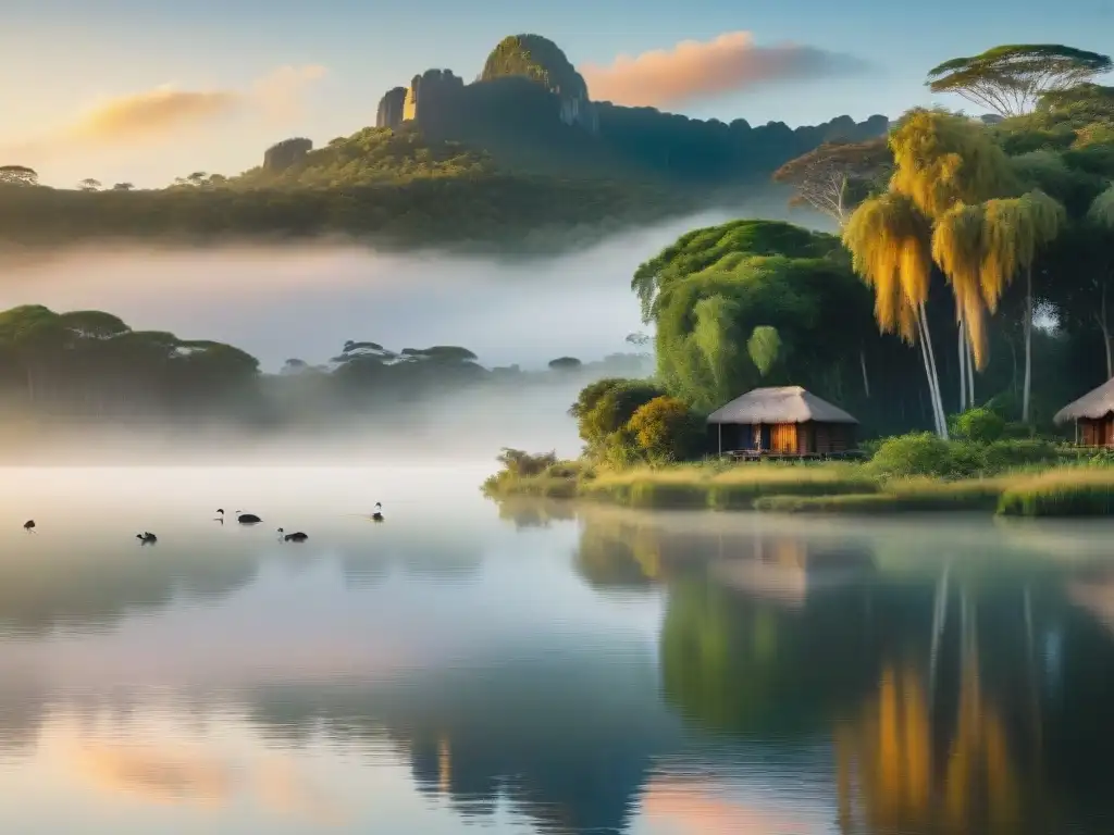 Amanecer vibrante sobre lago en ecolodge familiar en Uruguay, naturaleza serena y capibaras