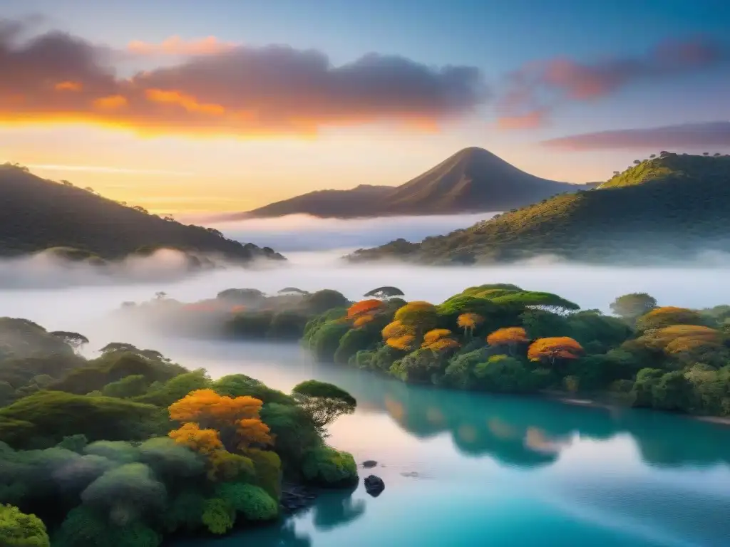 Un amanecer vibrante sobre Laguna Garzón, con aves nativas en vuelo y posadas en los árboles