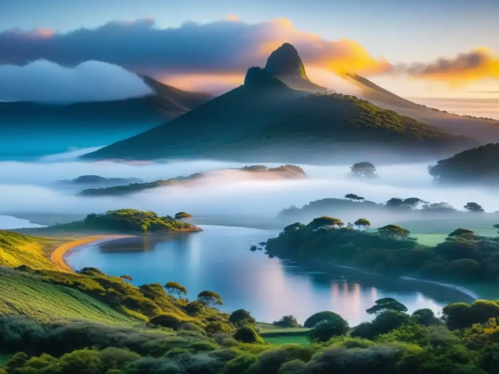 Amanecer vibrante sobre Laguna Garzón en Uruguay, con aves nativas y vegetación exuberante