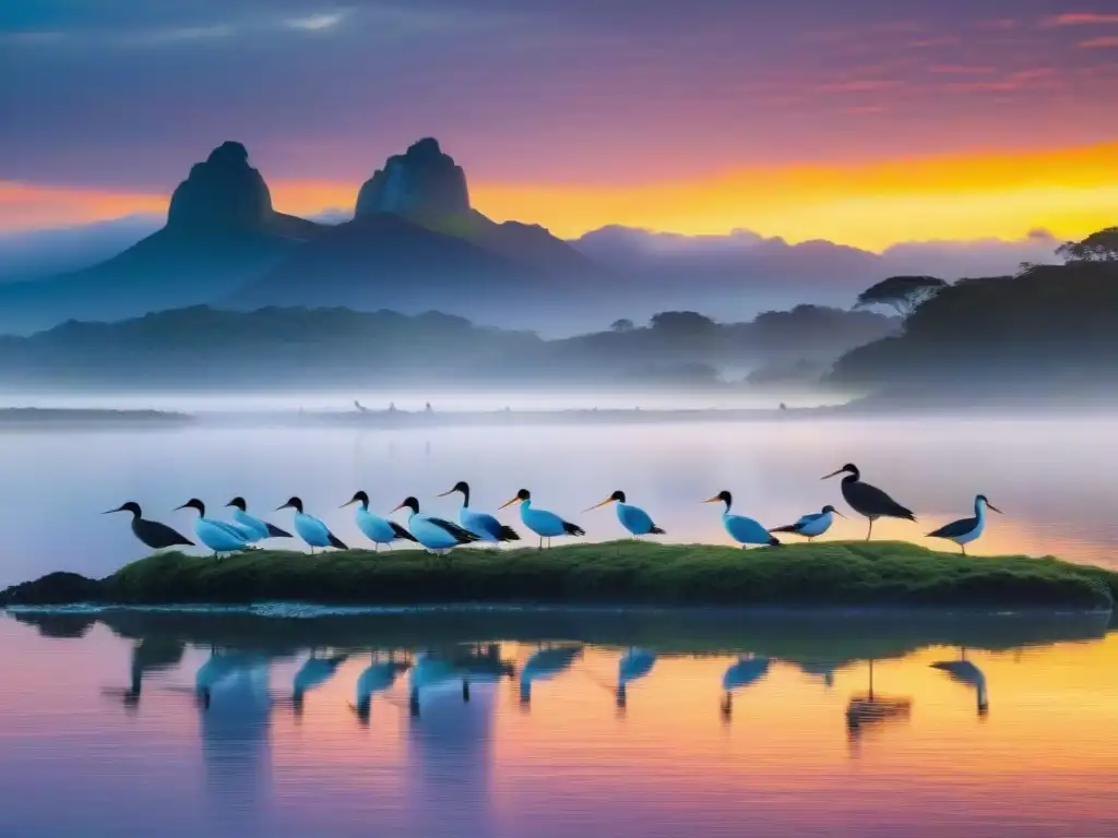 Un amanecer vibrante en Laguna Negra, Uruguay, con aves nativas y un fotógrafo capturando la escena