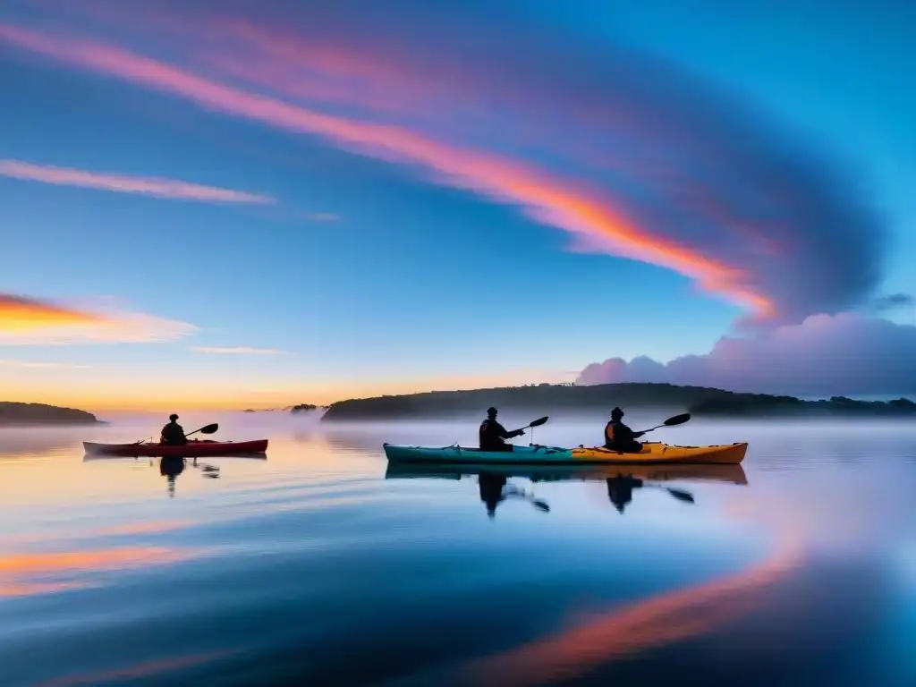 Un amanecer vibrante sobre Laguna Garzón, con kayaks en silueta, mostrando la belleza de las rutas de kayak en Uruguay