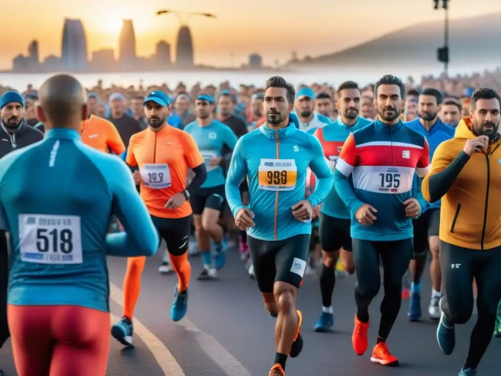 Un amanecer vibrante sobre la línea de salida de un maratón en Uruguay muestra corredores coloridos y emblemáticos lugares de Montevideo