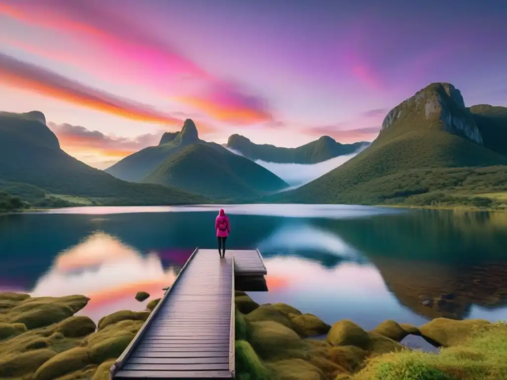 Un amanecer vibrante en Montes del Queguay: cielo rosa, naranja y morado, lago cristalino y figura solitaria en muelle