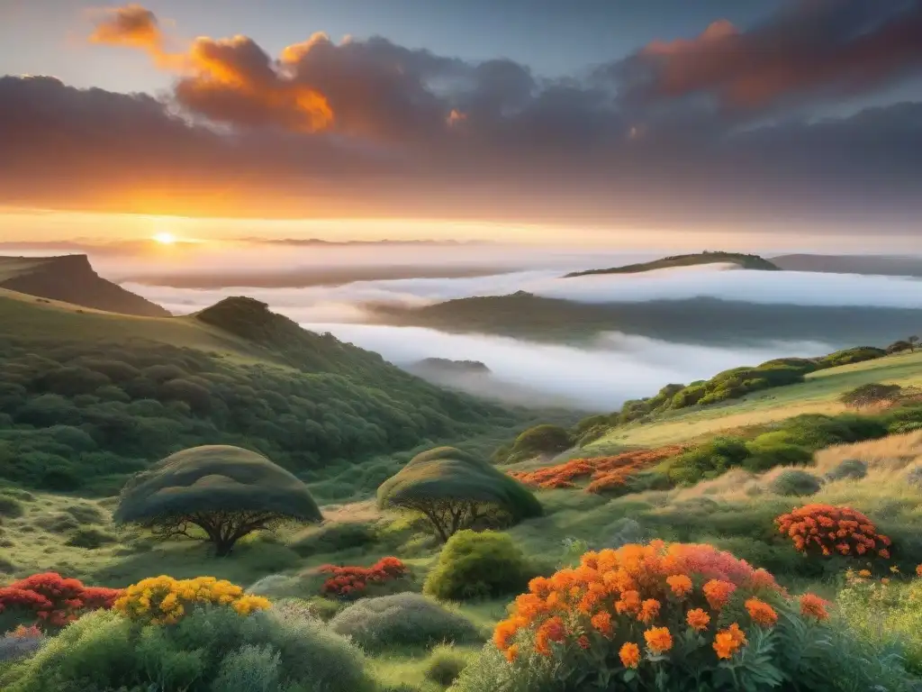 Un amanecer vibrante sobre el Parque Nacional Quebrada de los Cuervos en Uruguay, destacando la vida silvestre y la exuberante naturaleza